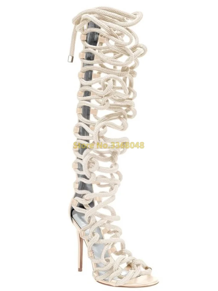 Lace Up Gladiator Knee High Sandal Boots Rope Hollow Peep Toe Stiletto High Heel Back Zipper White Black Summer Shoes