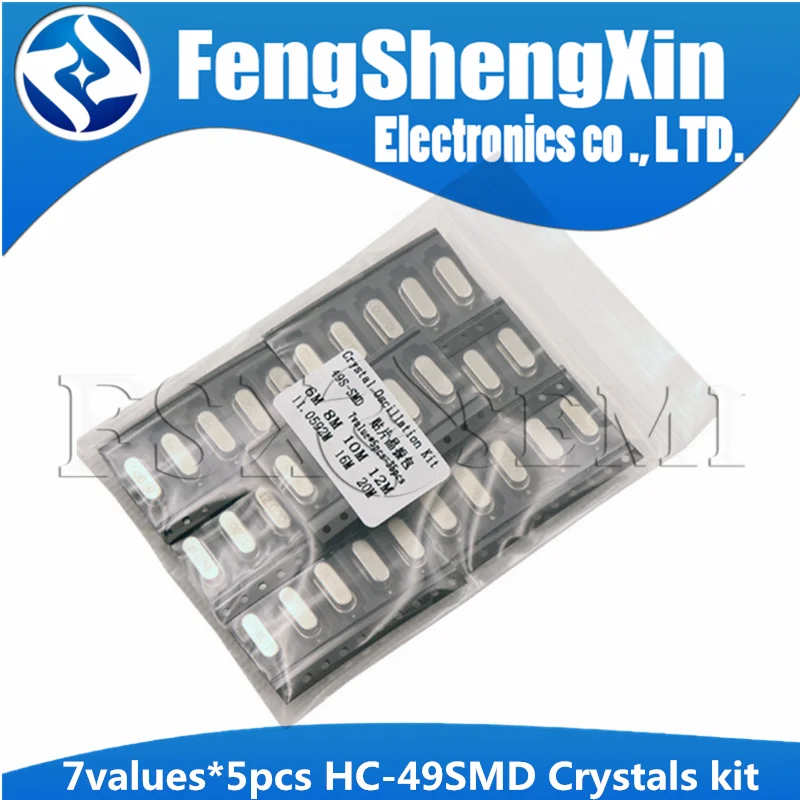 7values* 5pcs=35pcs HC49S-SMD 49SMD Crystals 6Mhz 8Mhz 10Mhz 12Mhz 16Mhz 20Mhz 11.0592Mhz HC-49S 49SMD Crystal Oscillator Kit