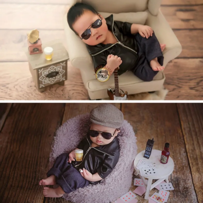 Newborn Phootgraphy Props Leather Jacket Baby Photo Clothes Infant Photo Shoot Accessories Cool Guitarist Creative Prop New Type