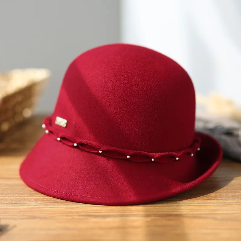 

X4039 Wool Hat Dome Fashion Pearl Chain Basin Hat Wool Felt Dome Top Basin Fedora Hats Adult Church Cloche Derby Hat