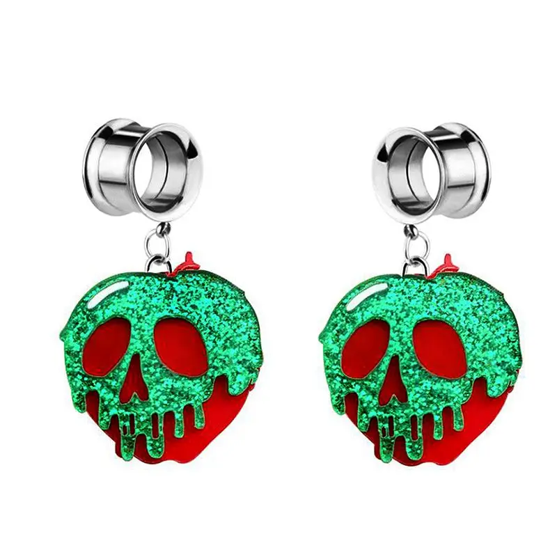 2PC Green Skull Ear Plugs Tunnels Stretch Gauges Earrings Ear Piercings Expander Halloween Body Pierc Jewelry Stainless Steel