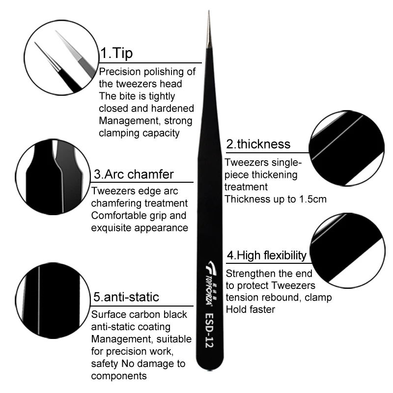 Electronic Tweezers Set Anti-Static Stainless Steel Welding Point Precision Tweezer Kit for Soldering Electronic Repair DIY Tool