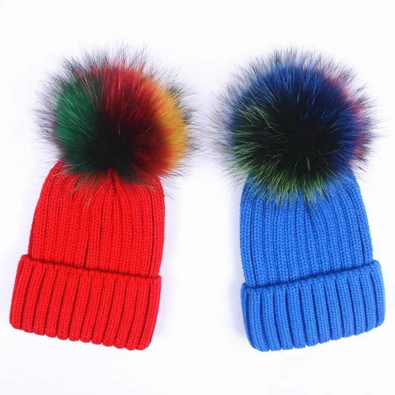 

Fluffy Adult Casual Knitted Hats Women Thick Warm Bobble knit Beanies Skullies With Colorful 15cm Genuine Fur pom poms Caps