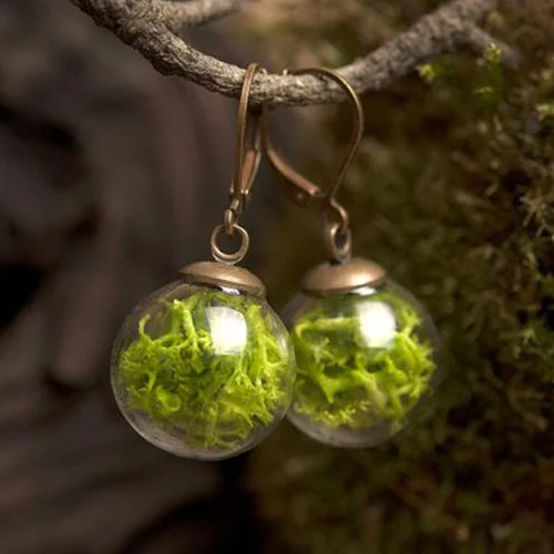 2Pairs 16MM Glass Ball Real Moss Earring Green Jewelry Natural Moss Dangle Earrings For Women