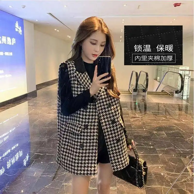 Women's Vest Mid-Length Suit Collar Double Breasted Tweed Houndstooth Sleeveless Jacket Tops Spring Autumn Waistcoat Jackets