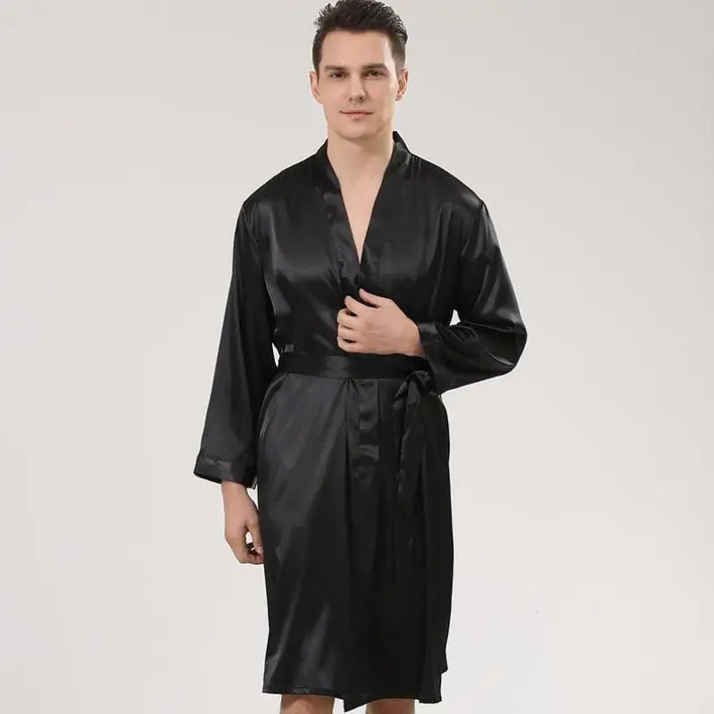 Homens preto 2 pçs pijamas cetim sólido robe & shorts manga longa roupão de banho masculino conjunto de sono pijamas de seda conjunto roupas para casa