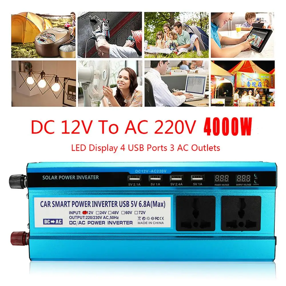 4000W Converter Solar Power Inverter DC 12V/24V to AC 220V Invertor