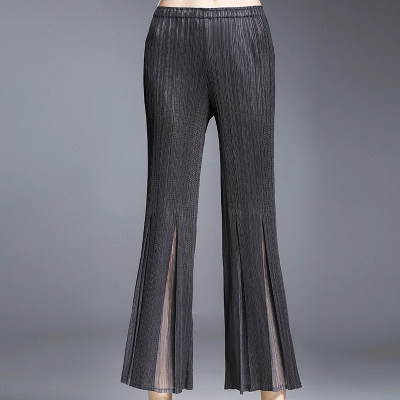 

miyake pleated casual cropped women's trousers 2021 autumn high-waisted wide-leg split stitching pants for woman