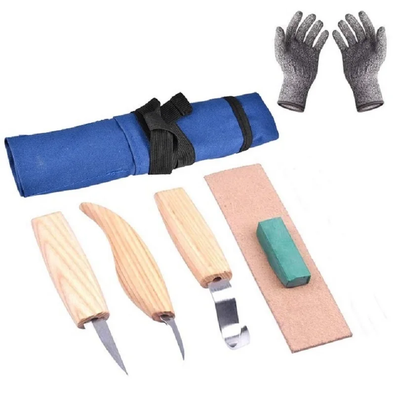 6pcs/set Woodworking carving knife, curved knife, straight knife, with cut-proof gloves, carved wooden spoon, hand-carving tools