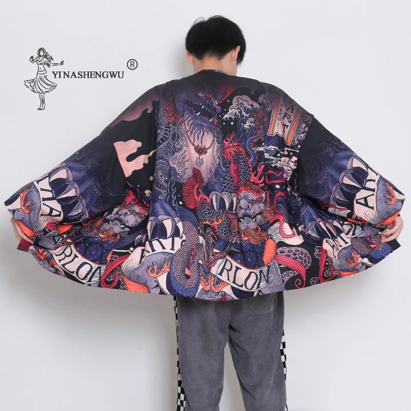 

Japanese Style Kimono Men Bathrobe New Print Dragon Sleepwear Man Long Sleeve Summer Robe Fashion Asian Harajuku Loose Clothes