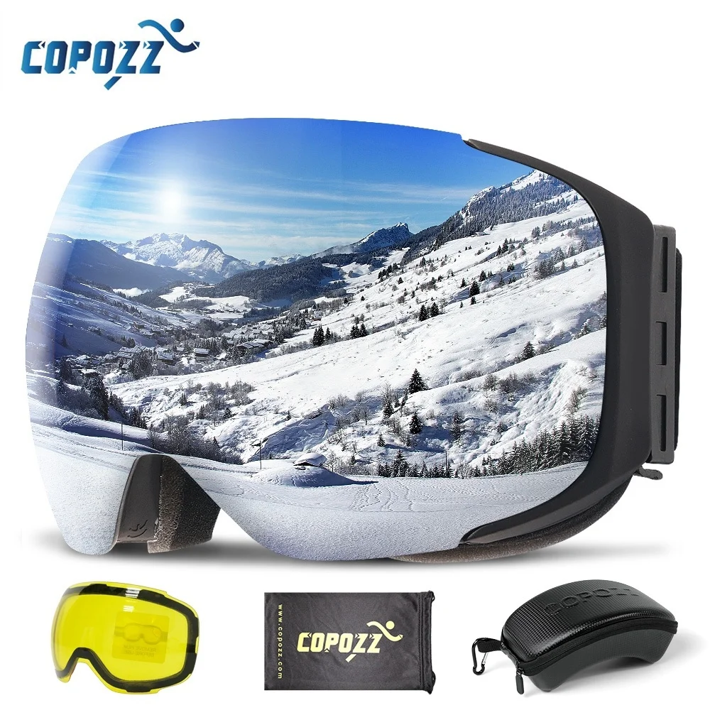 COPOZZ magnetische skibril met 2s snelwissellens en kofferset UV400 bescherming anti-condens snowboard skibril voor heren dames