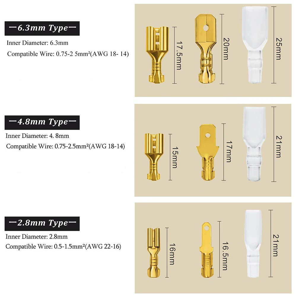 100Pcs/Lot 2.8/4.8/6.3mm Female and Male Crimp Terminal Brass Car Speaker Electric Wire Connectors And Insulating Sheath