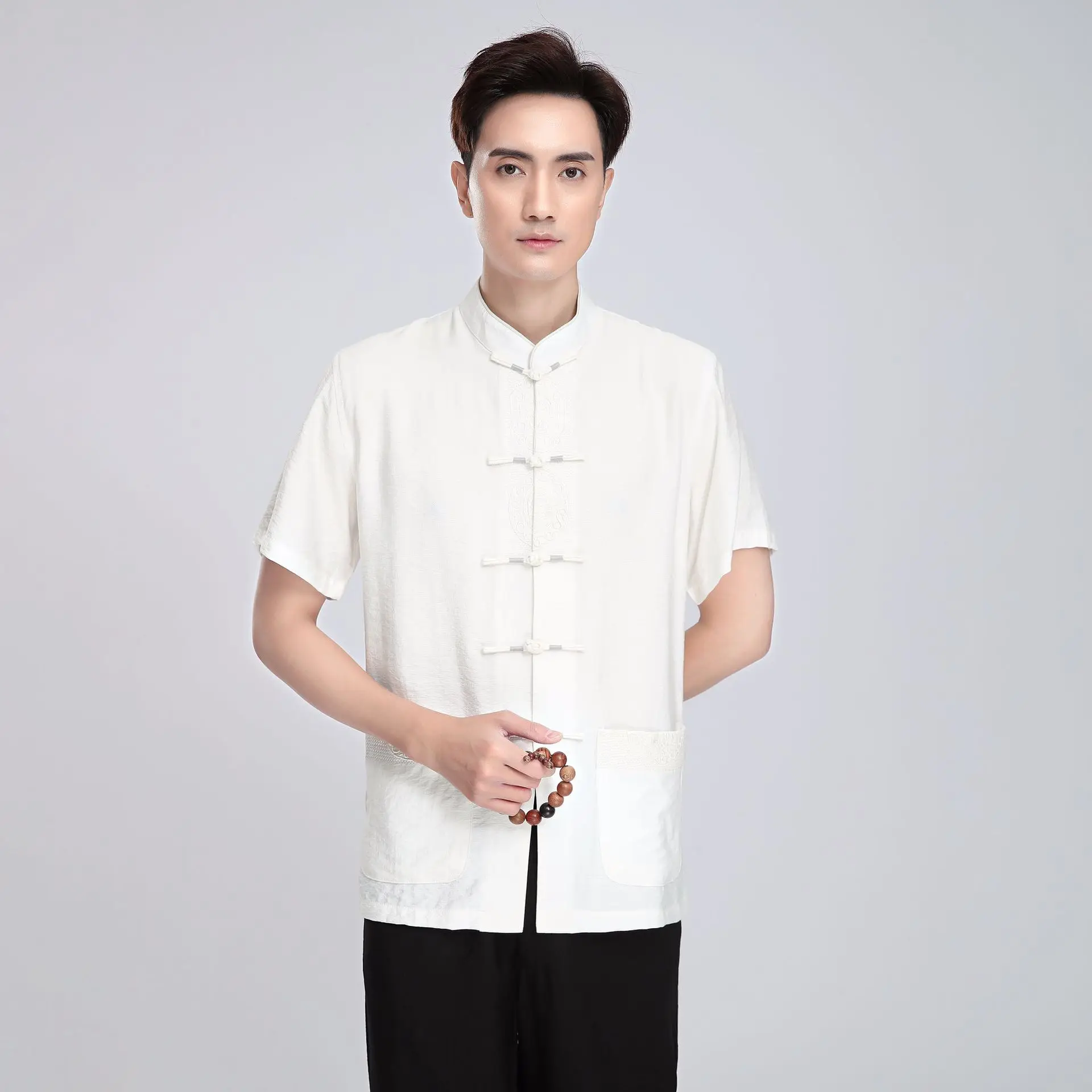 

Vintage Men Tops Tang Colthing Chinese Traditional Suits Tang Suit Jacket Gong Fu Shirt Short Sleeves Cotton Linen Costume