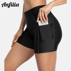 Pantaloncini da surf da donna Anfilia con tasche pantaloncini da bagno solidi pantaloni da bagno a vita alta costumi da bagno solidi