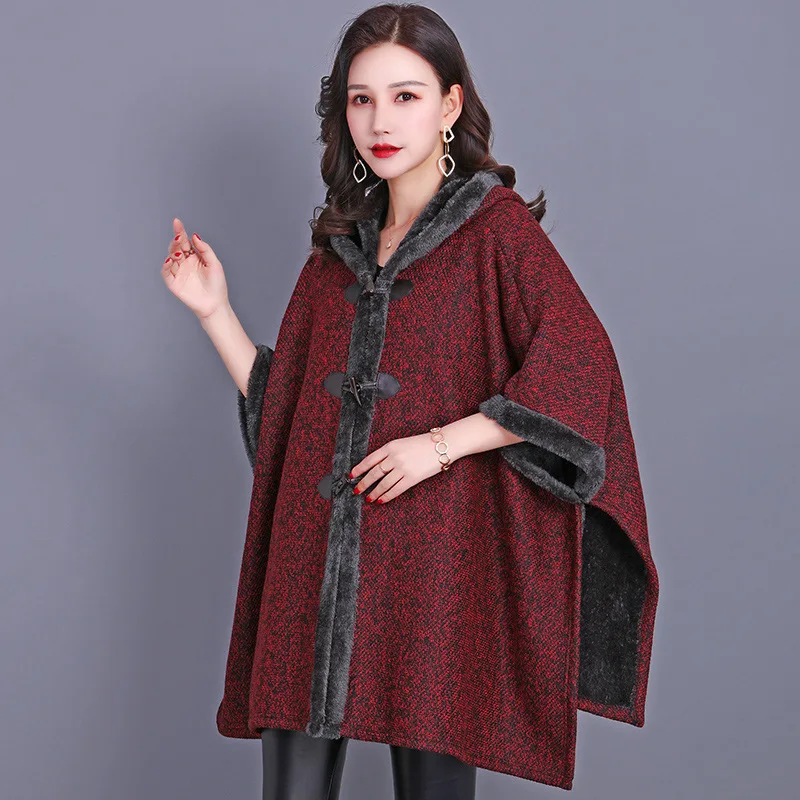 Women  Velvet Thicken Cloak Big Pendulum Cardigan Winter Warm Horn Buckle Overcoat Batwing Sleeves Long Poncho Wear With Hat