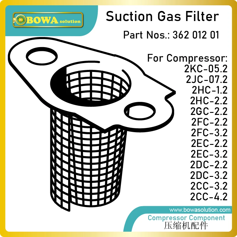 Suction Gas filter is designed for 2 cyliners semi-hermetic recipricating compressor compatible with 2CC4.2Y to 2KC-05.2