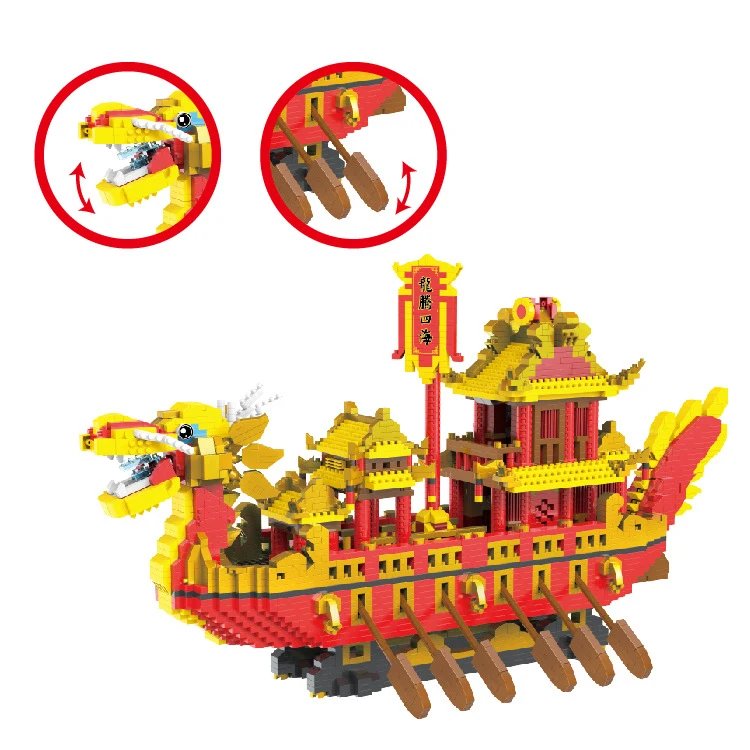 Creative China Dragon Boat Micro Diamond Block Royal Ship Building Brick Assemble Model Nanobrick Toy Collection For Adult Gift