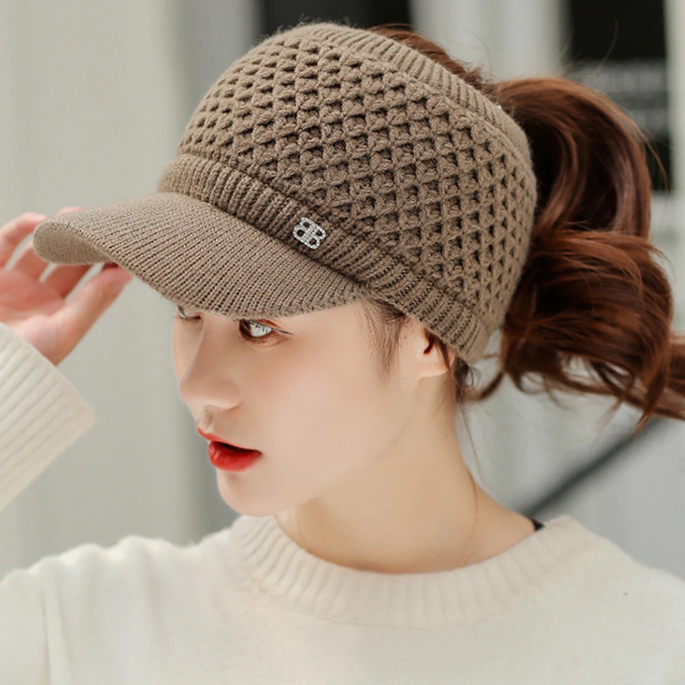 

Baseball Caps Women Hats Winter Thick Warm Twist Knit Hats Female Fall Fleece High Ponytail Hat Visor Gorros Beanies Winter Hats