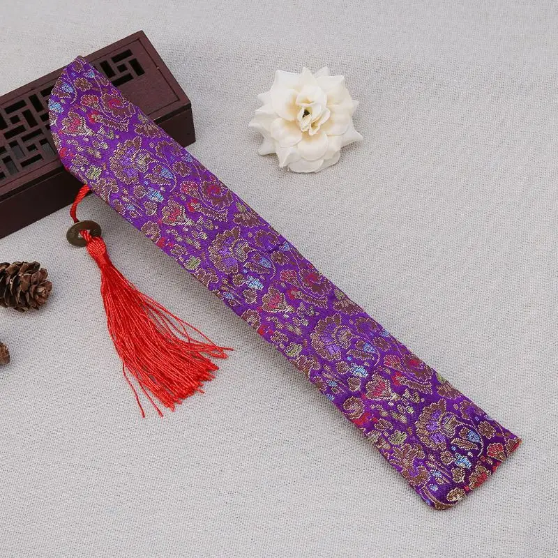 Silk Folding Chinese Hand Fan Bag With Tassel Dustproof Holder Protector Case Cover Retro E15B