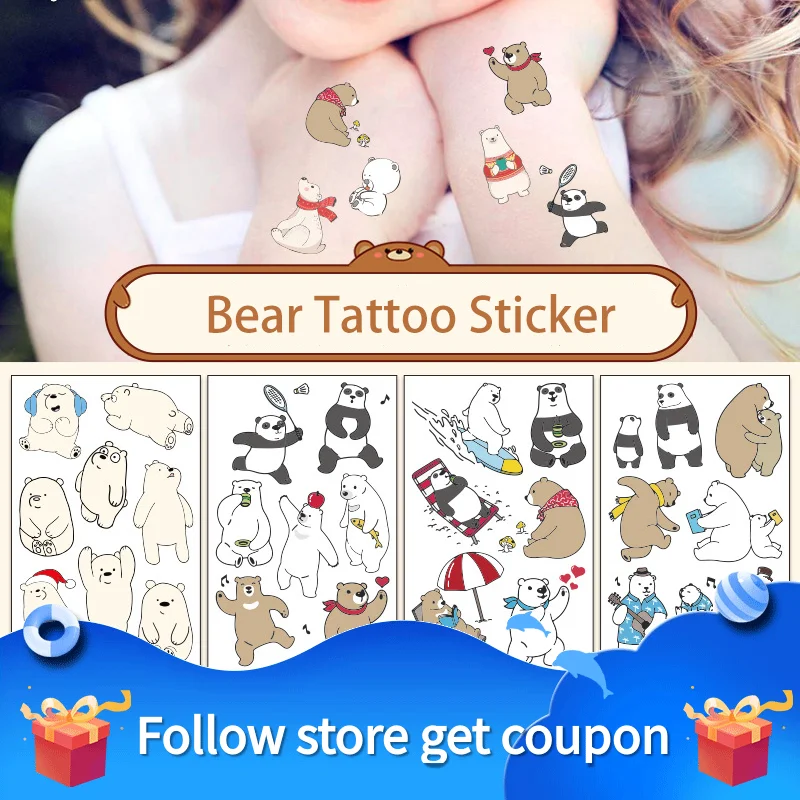 12PCS Children\'s Tattoo Sticker Bear Temporary Waterproof Sweatproof Transfer Cartoon Animal Body Art Arm Leg  Kid Toy Girl Gift