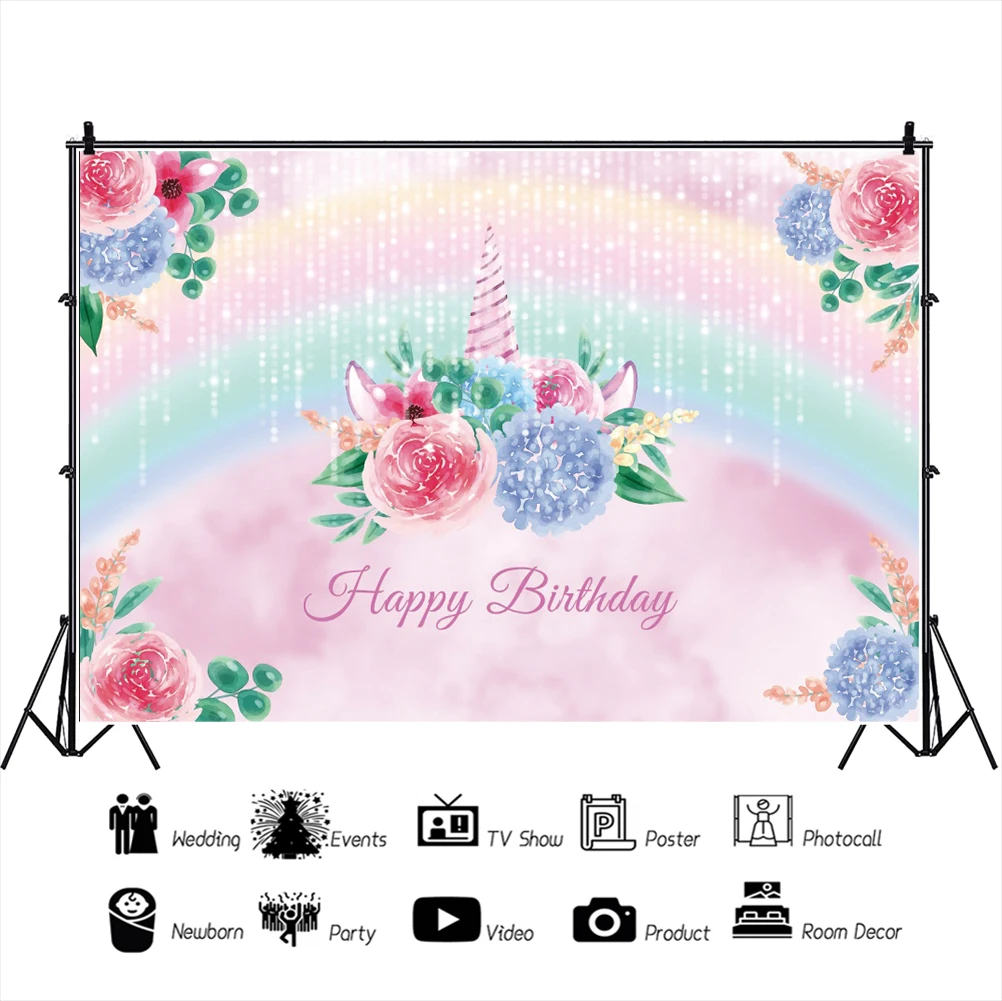 Laeacco tęczowa opaska jednorożec dekoracja na przyjęcie z okazji urodzin kwiaty Tassel Baby Shower Photocall plakat dostosowane fotografia Bbackdrops