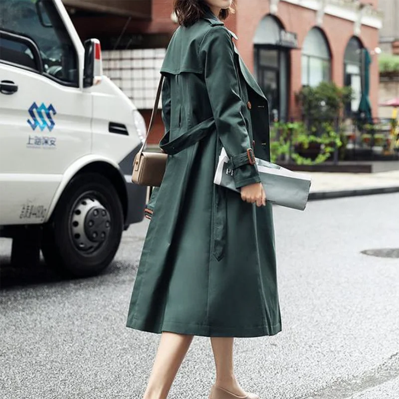 

2023 Apring And Autumn New Dark Green Windbreaker Jacket Women's Mid-Length Over-The-Knee Fashion British Style Female Coat A11