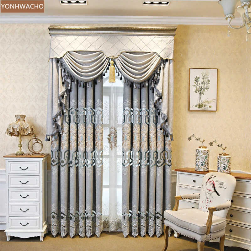 

Custom curtain popular European-style hollow embroidered bay window grey cloth blackout curtain valance tulle panel C163