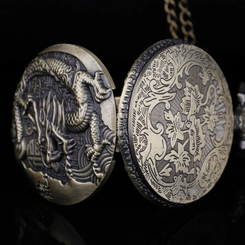 Vintage Chinese Style Dragon Design Quartz Pocket Watch With Necklace Chain Best Gift CF1039