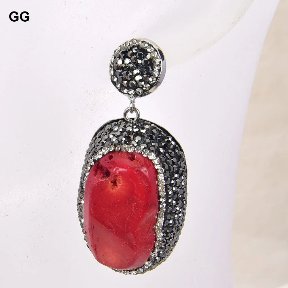 GG Natural Red Coral Nugget Trimmed With Marcasite Crystal Dangle Earrings