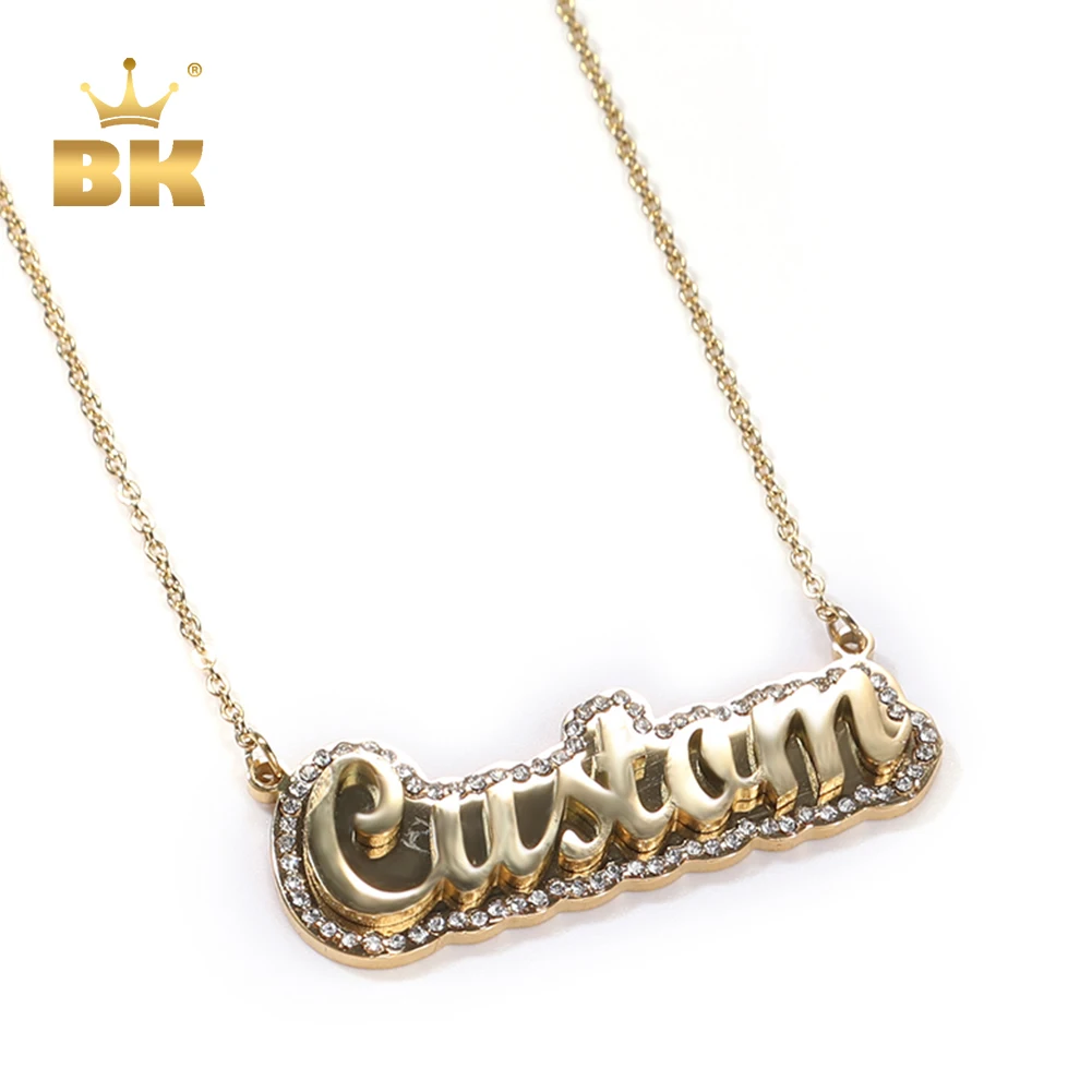 THE BLING KING Custom Double-Layers Stainless Steel Name Choker Iced Out Bling Stone Letters Pendant Necklace For Women Jewelry