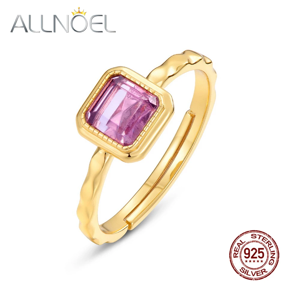 ALLNOEL Natural Square Amethyst Solid 925 Sterling Silver Adjustable Rings For Women Trendy Simple Style Engagement Gift Jewelry