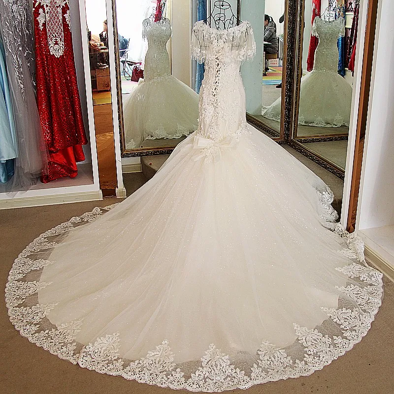 Nàng Tiên Cá Dài Váy Cưới 2021 Tay Ngắn Appliques Shinny Voan Vestidos De Novias Phối Ren Cô Dâu Đồ Bầu Càn Quét Tàu Áo