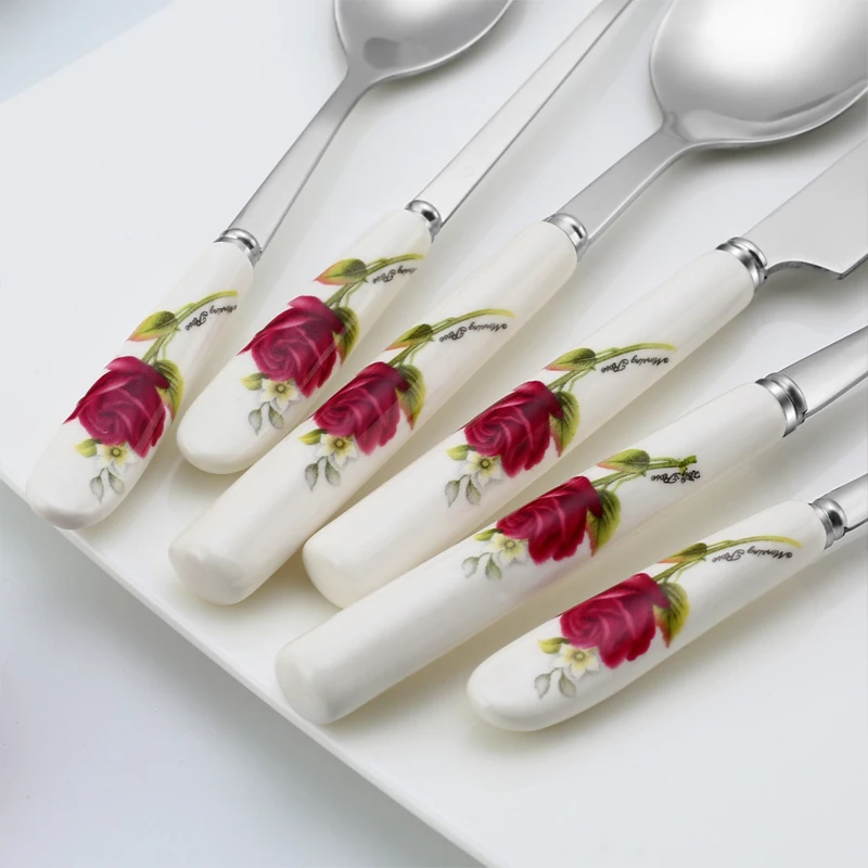 Ceramic Tableware Stainless Steel Cutlery Ceramic Handle Steak Knife Fork Spoon Cake Dessert Dinnerware Rose Flowers Pattern