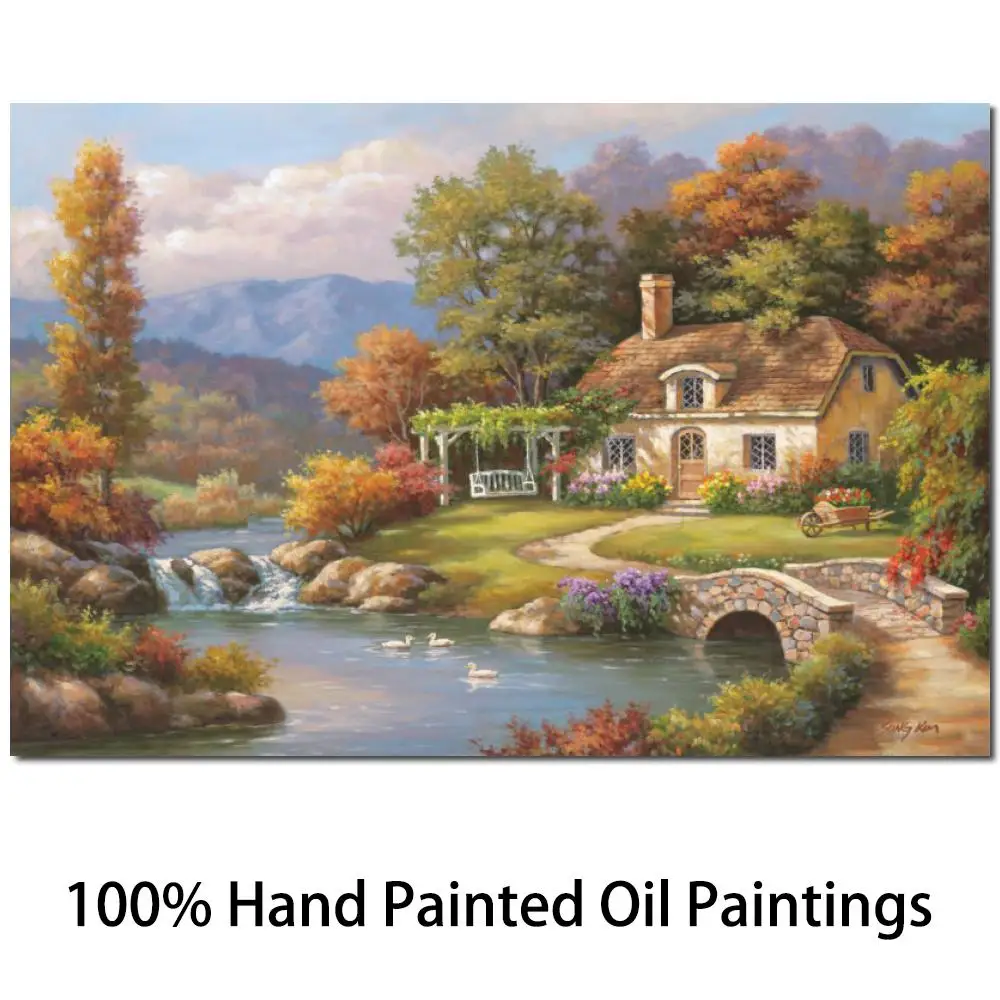 Contemporary Art Handmade Oil Painting Cottage Stream Beautiful Canvas Landscape Artwork Living Room Wall Decor Christmas Gift