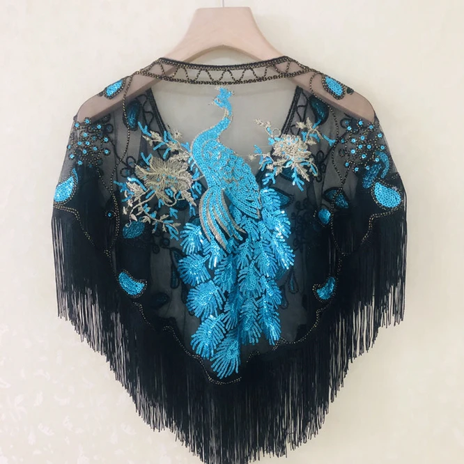 Chinese Phoenix Tassel Sequin Spring Summer Women's Sequins With Shawl  Mesh Cloak Girl Versatile Sunscreen Fashion Lace Red