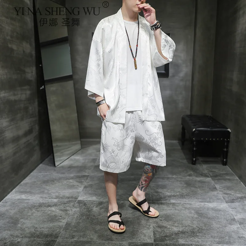 Summer Traditional Japanese Clothing Kimono Coat+Shorts Men Retro Yukata Asian Fashion Kimono Suit Harajuku Hanfu Yukata Jacket