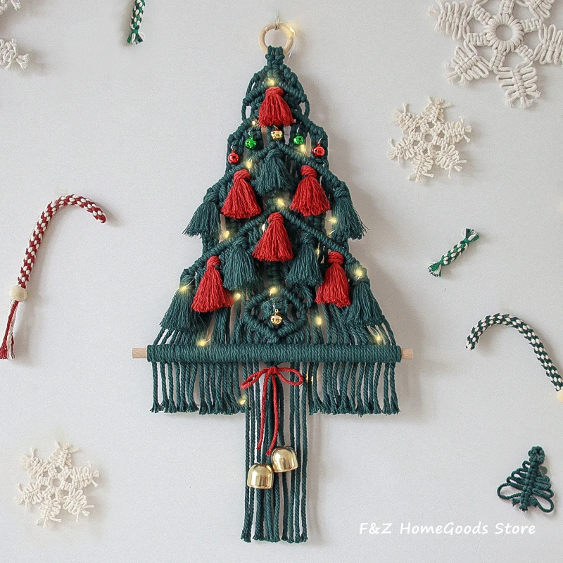 Macrame Christmas Tree Wall Hanging Tapestry Tassels Bells Handwoven Boho Decoration Bohemian Decor For Living Room Kids Gift