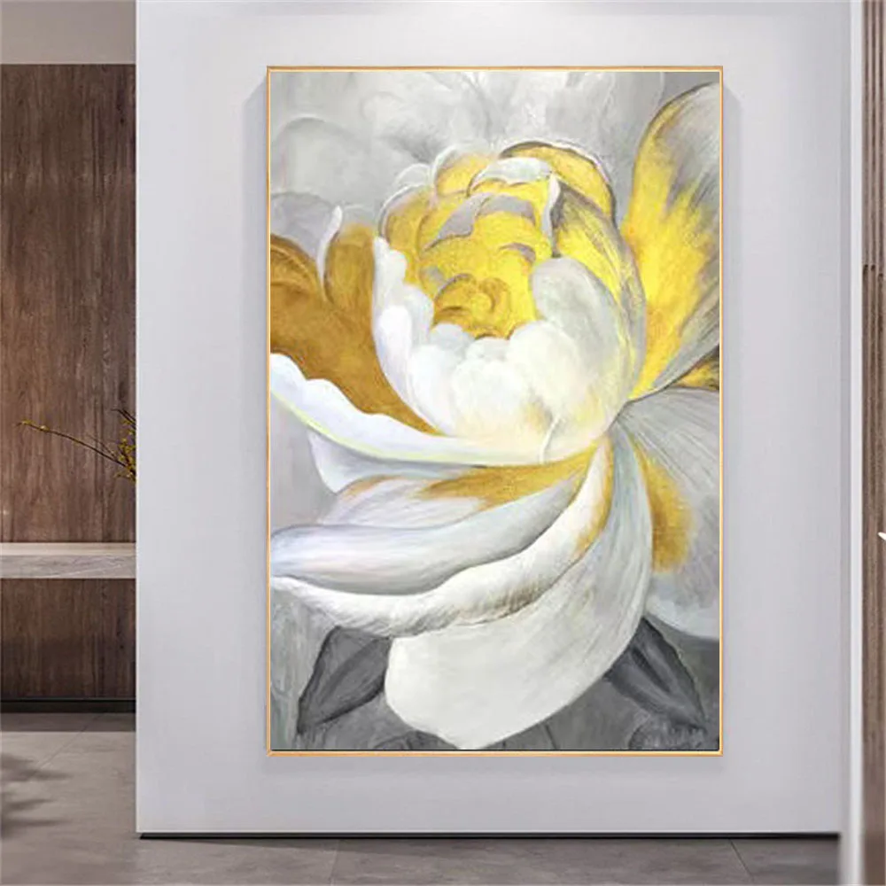 

Modern Home Decoration Wall Art Hand-Painted Oil Paintings Flower White Lotus Golden Canvas Painting Living Room Corridor Mural