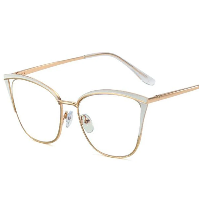 Eyeglasses For Female Myopia Degree 0 t0 -6.0 Fashion Blue Light Blocking Optical Lens Women Metal Cat Eye White-Rimmed Glasses