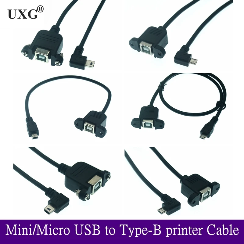 New USB 2.0 B female socket scanner printer panel mounted to USB Mini Micro B 5-pin 90 degree male cable best quality 30cm 50cm