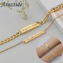 Atoztide – Bracelet de Couple en acier inoxydable pour hommes et femmes, plaque de nom de Bar, chaîne à maillons réglable, cadeau de bijoux personnalisé