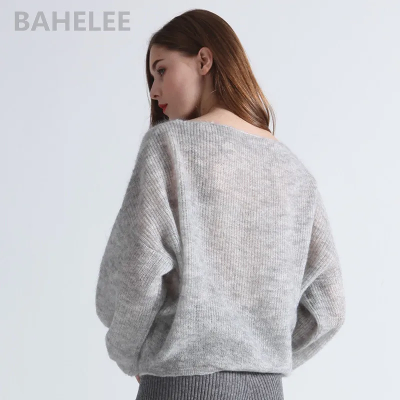 Imagem -04 - Bahtlee-suéter Feminino de lã Mohair Tricotado Gola Cortada Manga Lanterna Estilo Curto Fino Solto Confortável Primavera Outono