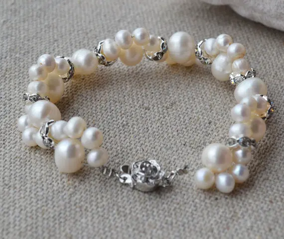 

New Pearl Fine Jewelry 4-10mm Twisted White Rhinestone Freshwater Pearl Bracelet Charming Wedding Party Charming Lady Gift