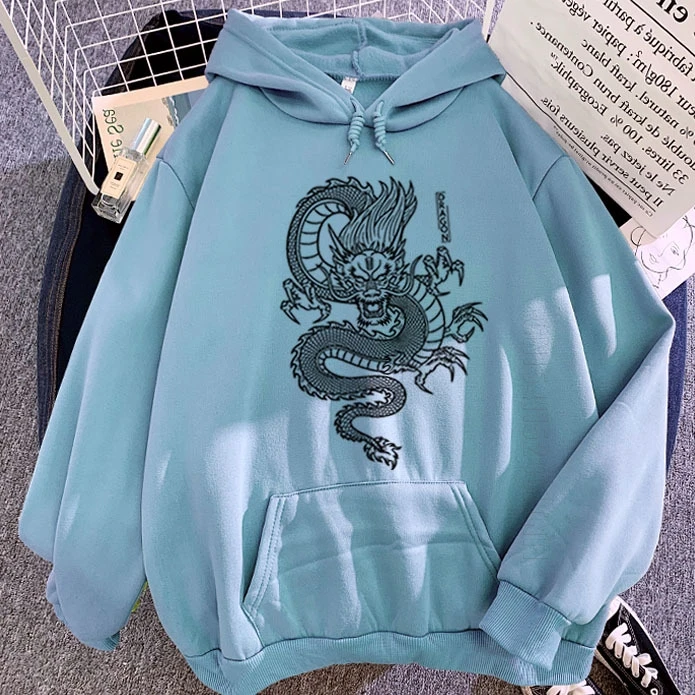 

China Dragon Hooded Tops Streetwear Men And Women Print Long Sleeves White Black Pullover Streetwear Chinese Dragon Hoodie