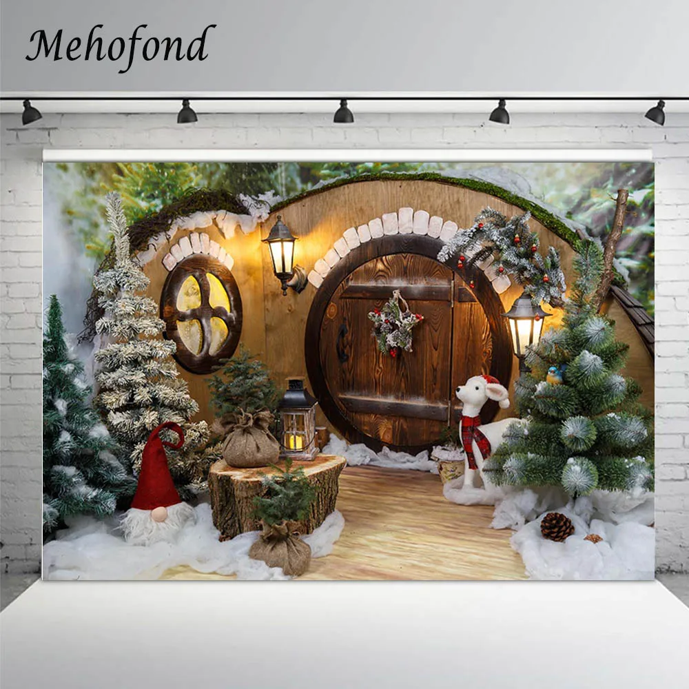 

Winter Christmas Backdrop Fairy Tale Forest Wooden House Floor Round Door Children Portrait Photography Background Photo Studio