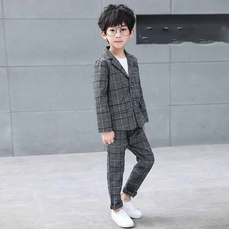 Autunno e inverno ragazzi abiti abito Plaid risvolto costumi formali abito a maniche lunghe giacca + pantaloni moda abbigliamento per bambini 4-13