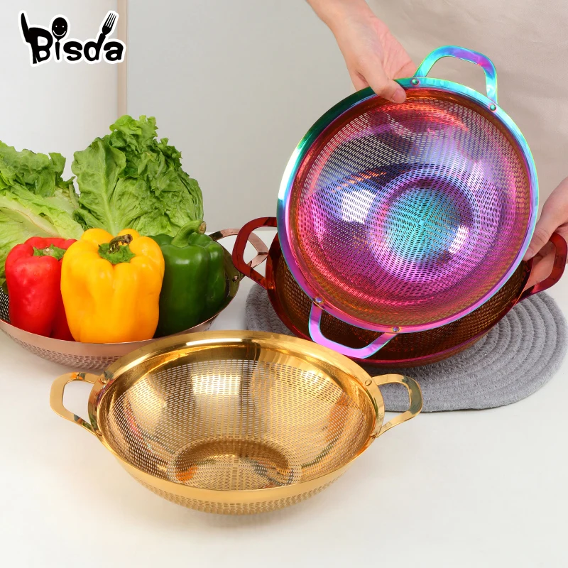 Stainless Steel Drain Basket Rice Strainers Gold Fruit Colander Rice Mesh Filter Vegetable Basket With Handle Kitchen Tool