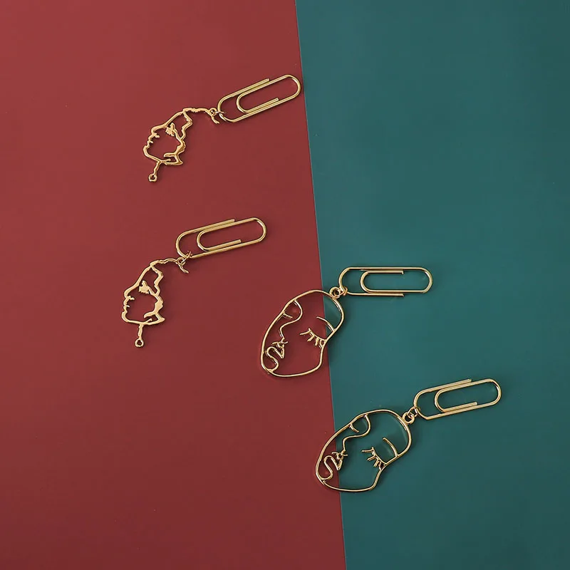 1pcs Lady Face Paperclip Gold Metal Hollow Pendant Girl Face Paper Clip Decorative Pin