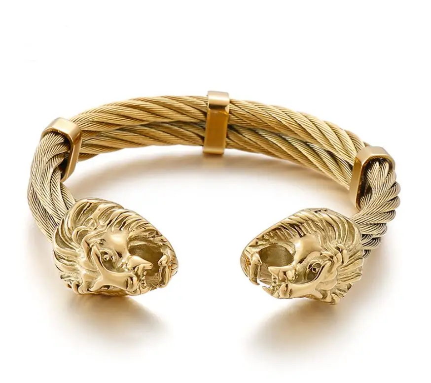 

Mens Lion End Cuff Bangle Bracelet Cable Wire Bangle Stainless Steel Gold Plated/ Silver/ Black Biker Punk Inner: 65mm*12mm 86g