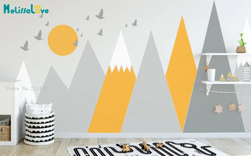 

Lovely Mountains Wall Sticker Decals BabyRoom Nursery Decoration Set With Sun Birds Self-adhesive Murals Colorful YT5315